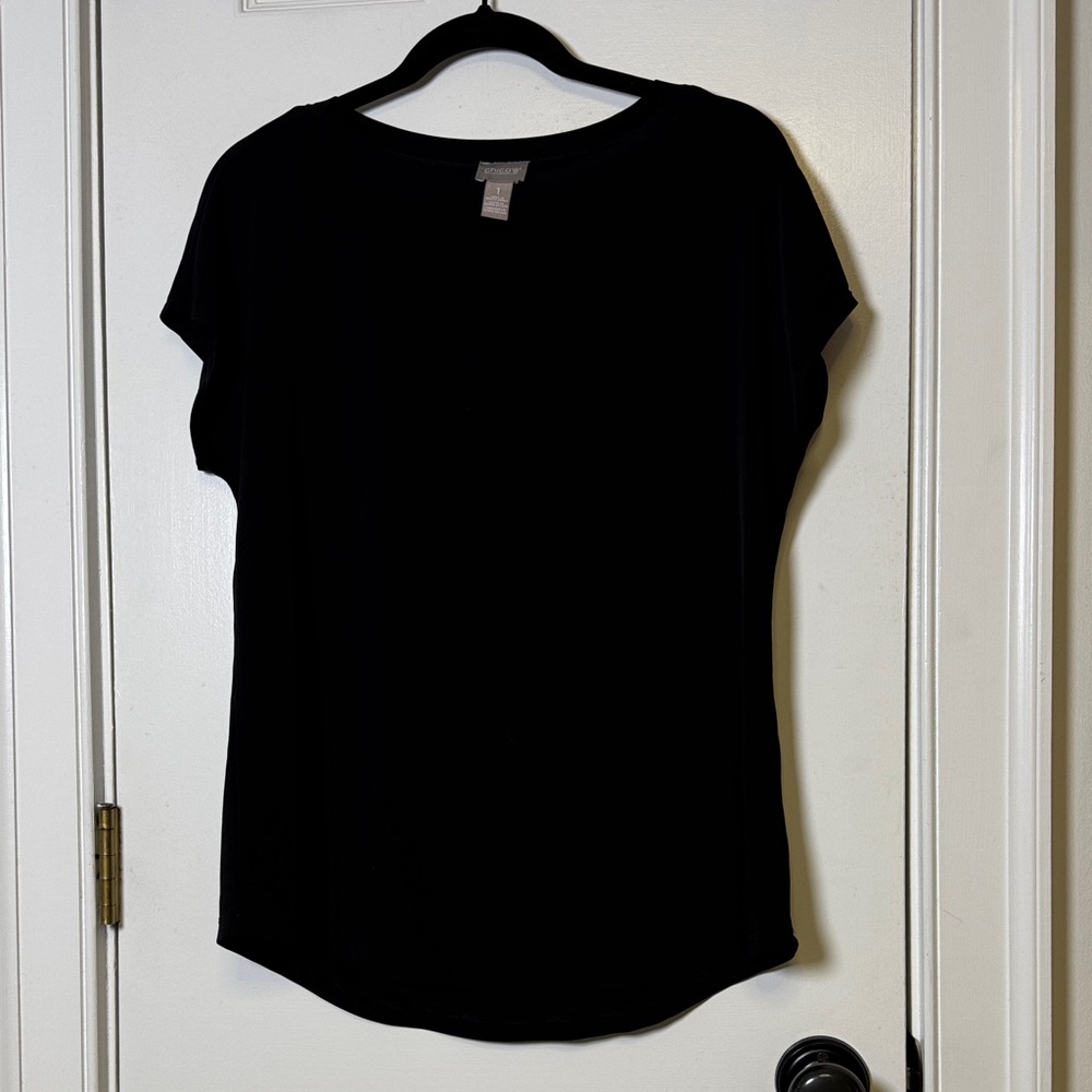 Chico’s Black Stretch Top Short Sleeve Hi Low Hem Casual Classic Size 1 (Medium)
